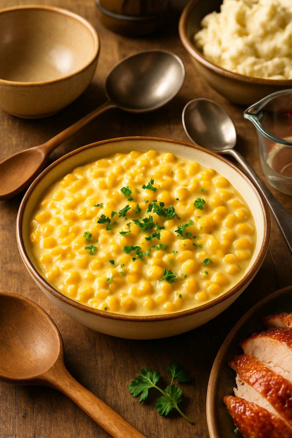 A serving bowl of creamed corn surrounded by cooking utensils on a wooden table with Thanksgiving dishes in the background.