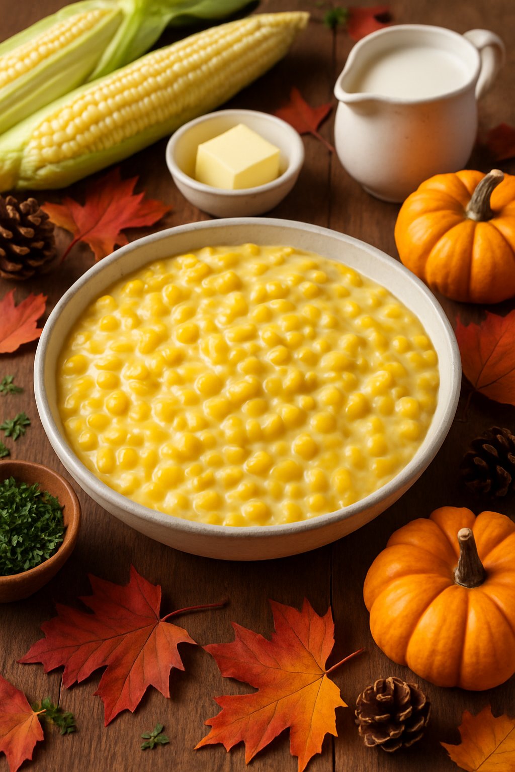 A bowl of creamy creamed corn on a wooden table surrounded by fresh corn, butter, herbs, and autumn decorations.