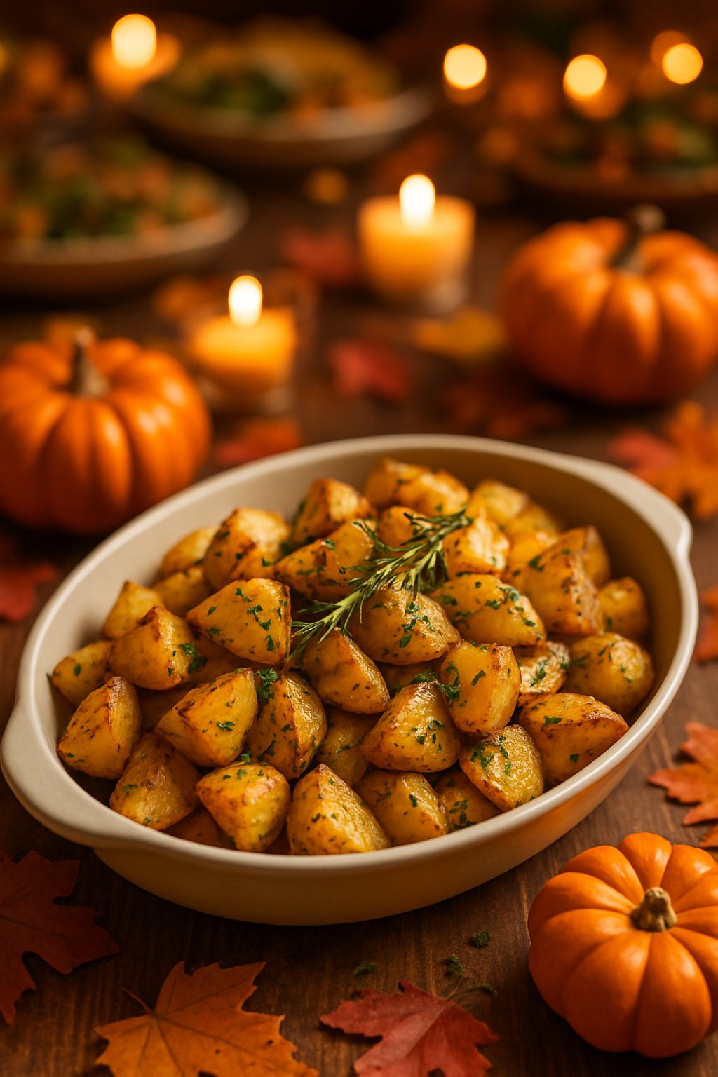 A serving dish of herb roasted potatoes on a wooden table decorated with autumn leaves and small pumpkins.