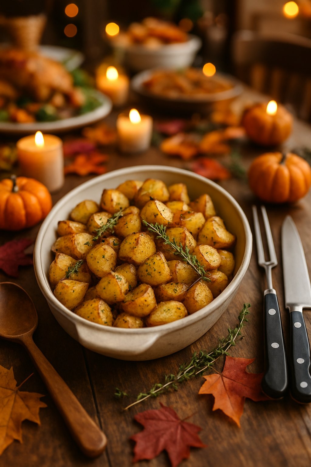 A serving dish of herb roasted potatoes on a decorated wooden table with autumn leaves and cooking utensils around it.