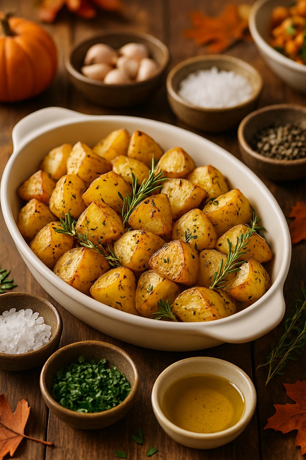 A serving dish of golden herb roasted potatoes garnished with fresh herbs on a wooden table surrounded by small bowls of garlic, salt, pepper, olive oil, and chopped herbs.