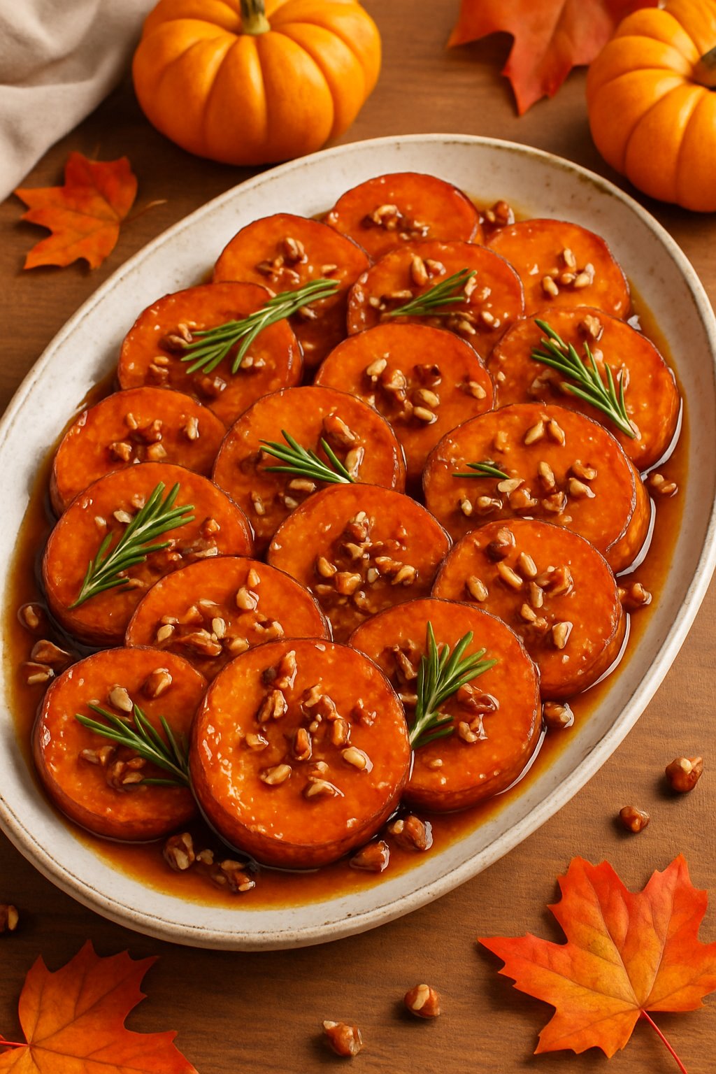 A platter of maple-glazed sweet potatoes garnished with rosemary and pecans on a wooden table with autumn decorations.