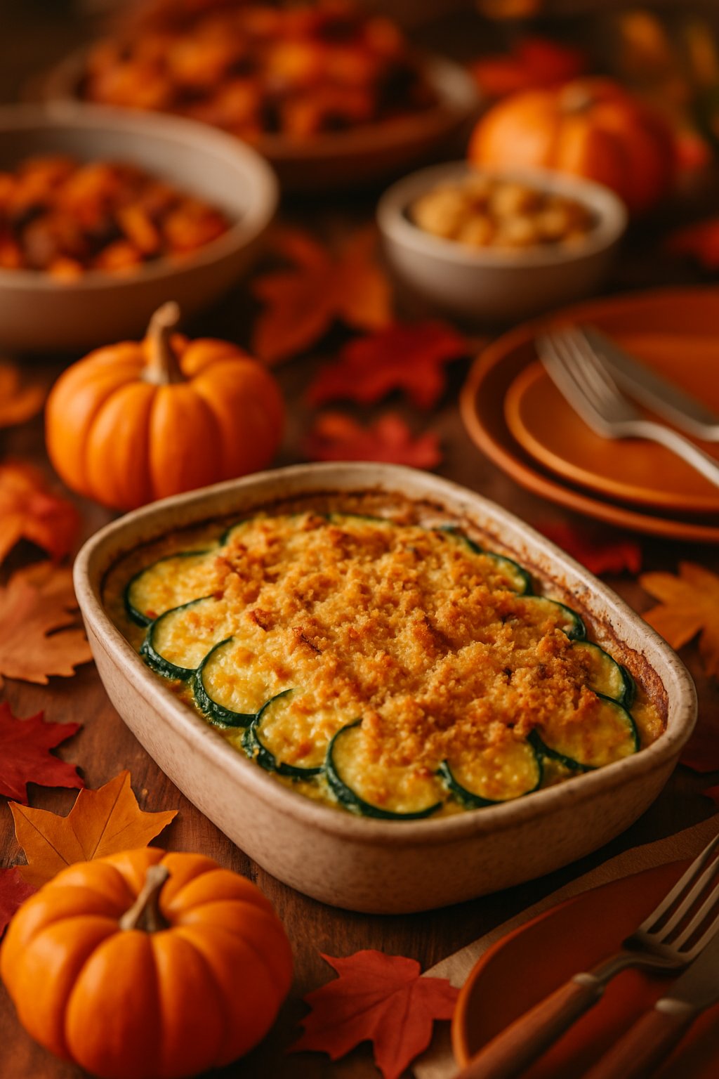 A golden-brown zucchini casserole in a ceramic dish on a wooden table surrounded by autumn decorations and Thanksgiving potluck dishes.