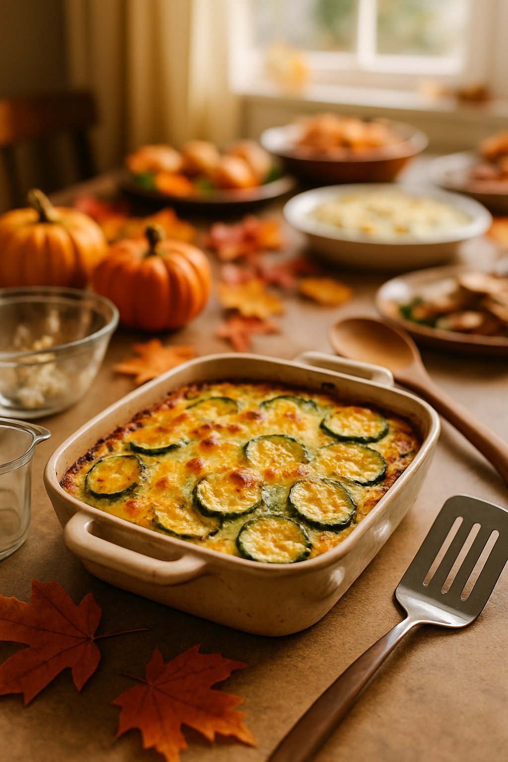 A zucchini casserole in a ceramic dish on a kitchen counter surrounded by cooking utensils and autumn decorations.
