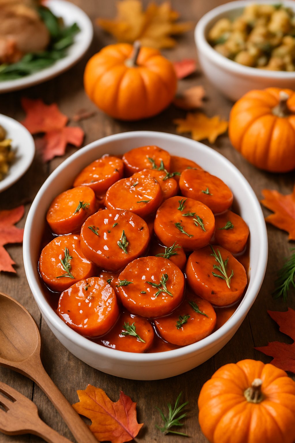 A dish of maple glazed sweet potatoes garnished with herbs on a Thanksgiving potluck table with autumn decorations.