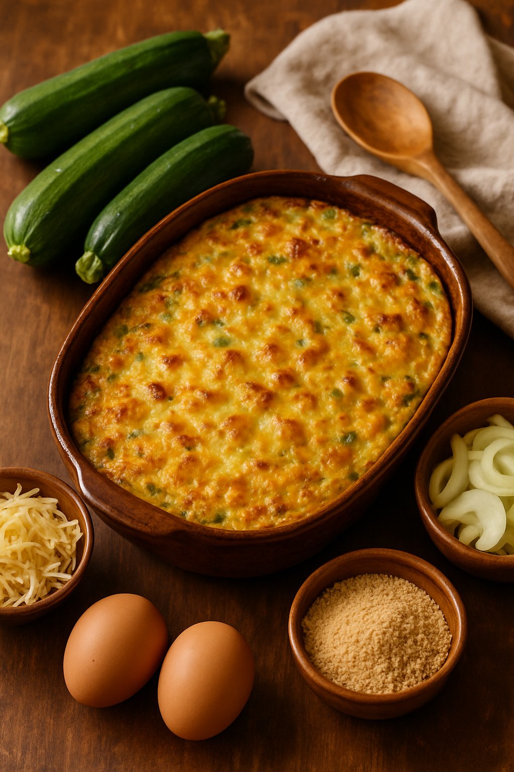 A zucchini casserole in a ceramic dish on a wooden table surrounded by fresh zucchinis, onions, cheese, eggs, and breadcrumbs.