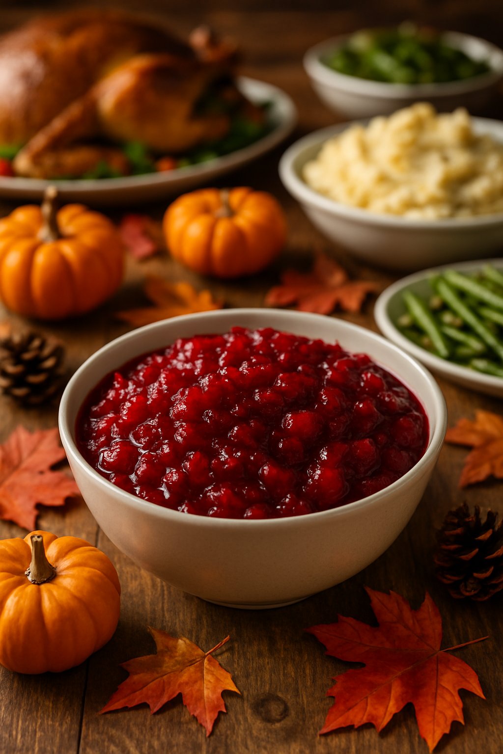 A bowl of cranberry relish on a wooden table surrounded by autumn decorations and Thanksgiving dishes.