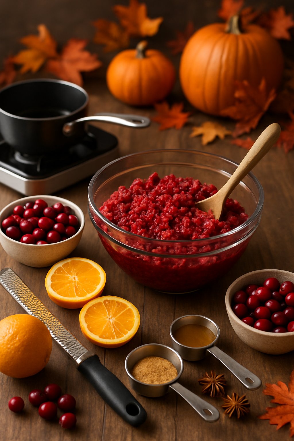 A kitchen table with fresh cranberries, orange slices, spices, and a glass bowl of cranberry relish surrounded by cooking utensils and autumn decorations.