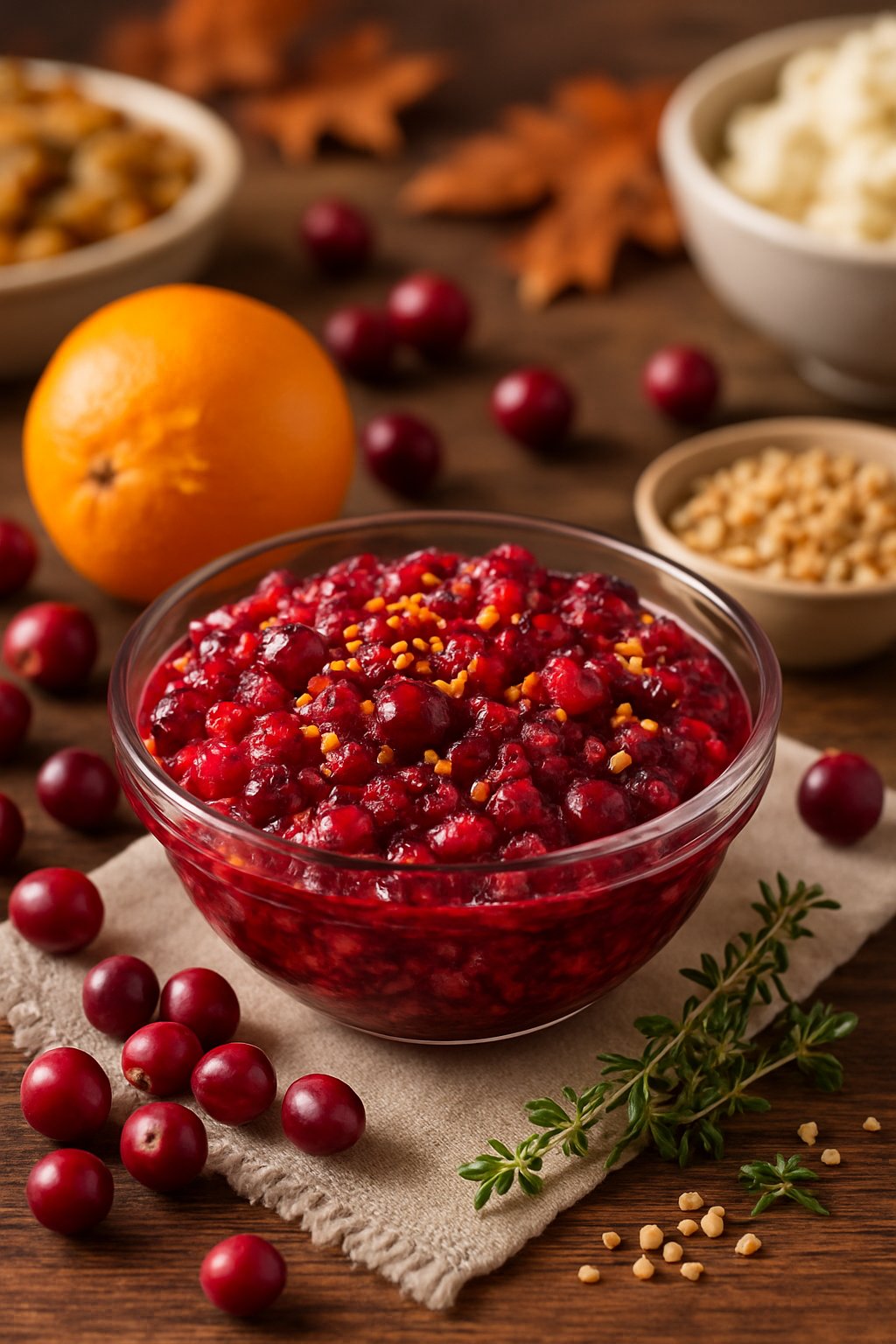 A bowl of cranberry relish surrounded by fresh cranberries, orange zest, and nuts on a wooden table with autumn decorations.