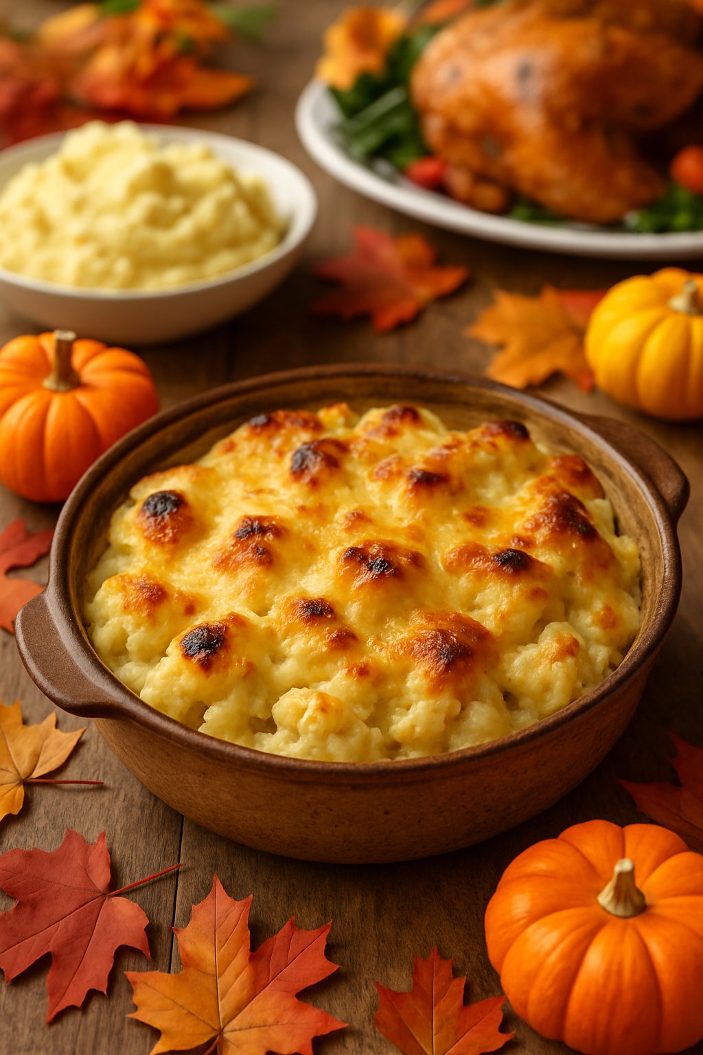 A baked cauliflower gratin in a ceramic dish on a wooden table surrounded by fall decorations and other Thanksgiving dishes.