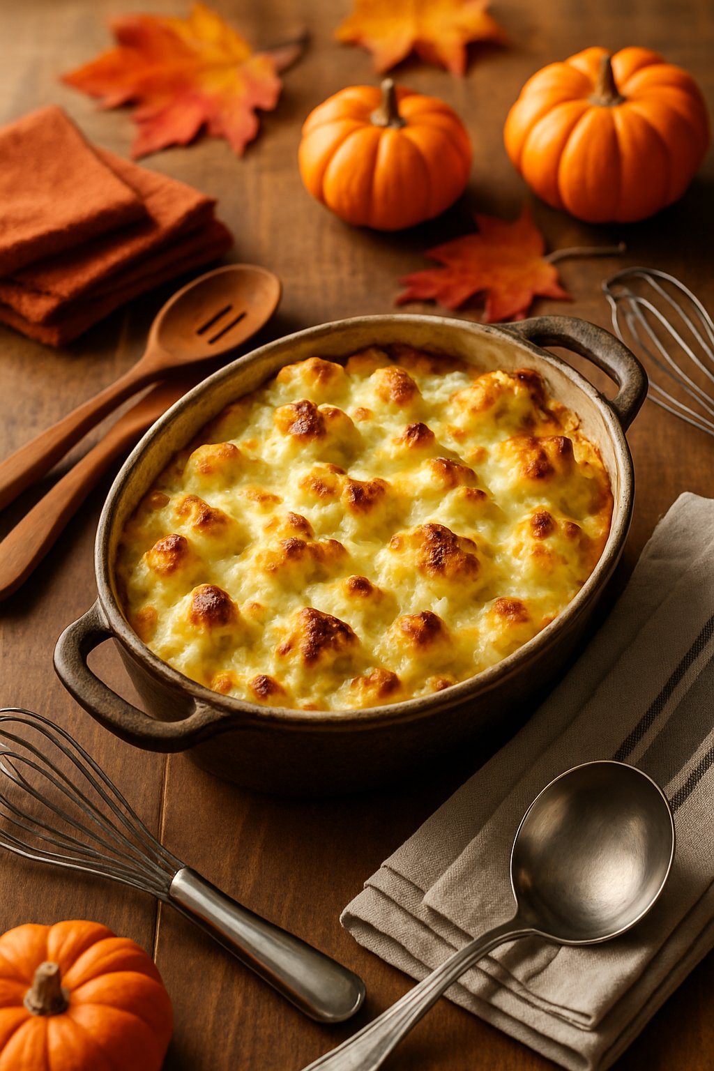 A freshly baked cauliflower gratin in a rustic dish on a wooden table surrounded by cooking utensils and autumn decorations.