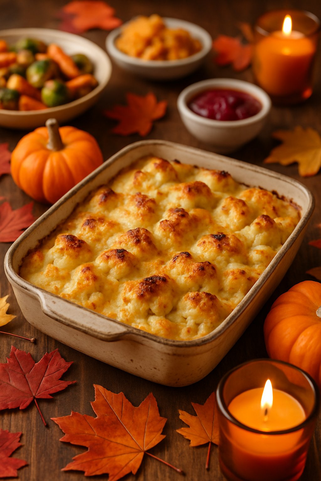 A baked cauliflower gratin in a ceramic dish on a wooden table surrounded by fall decorations and other Thanksgiving side dishes.