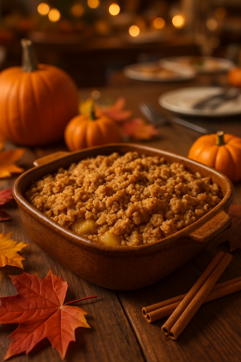 A freshly baked apple crisp in a ceramic dish on a wooden table with autumn decorations around it.