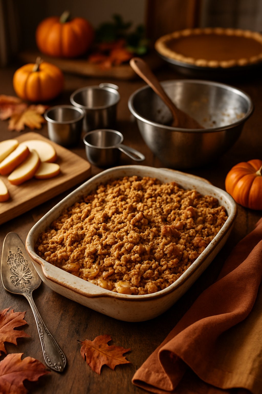 A freshly baked apple crisp in a ceramic dish surrounded by kitchen utensils and autumn decorations on a kitchen counter.