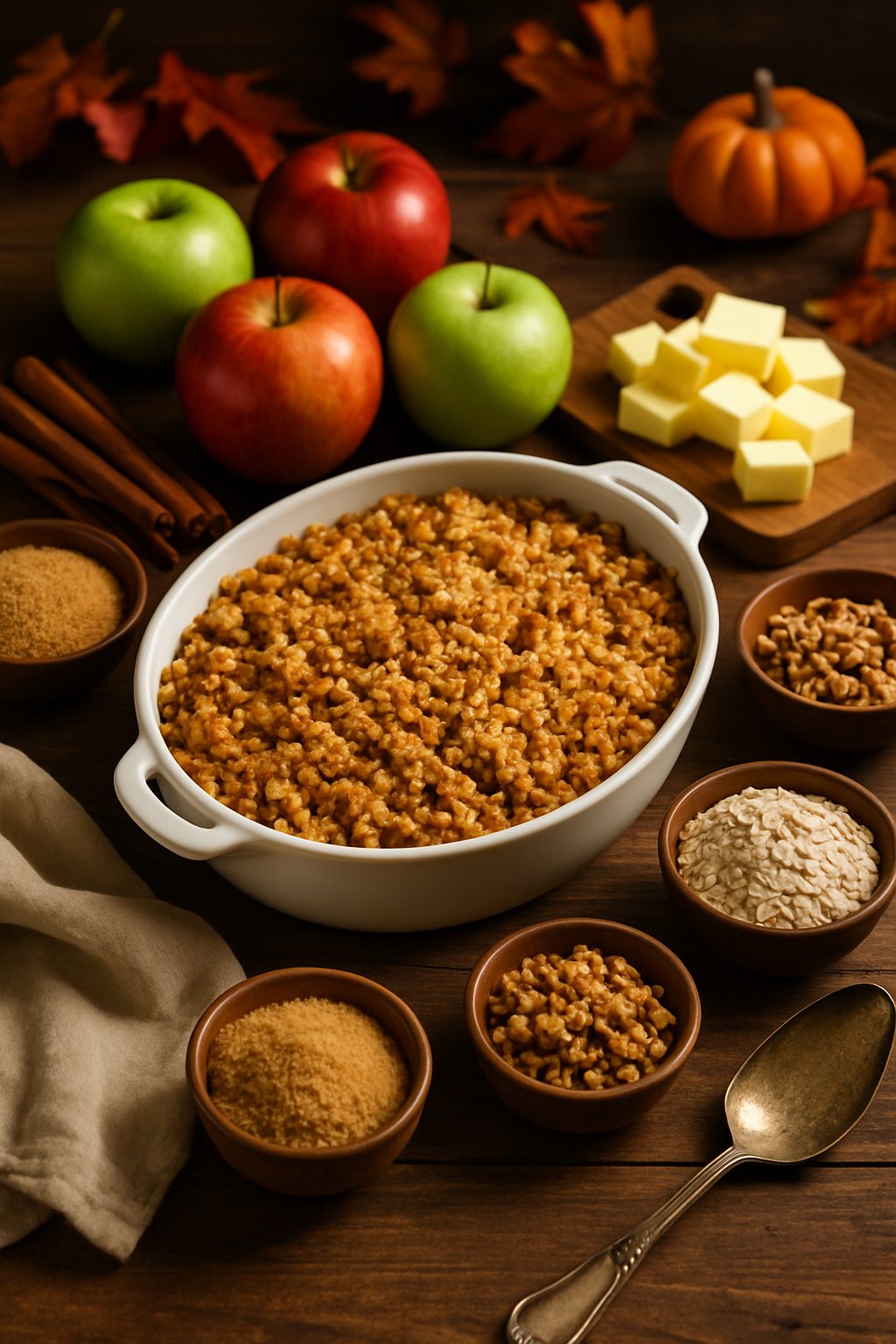 A freshly baked apple crisp on a wooden table surrounded by apples, cinnamon sticks, brown sugar, oats, and nuts, with autumn decorations in the background.