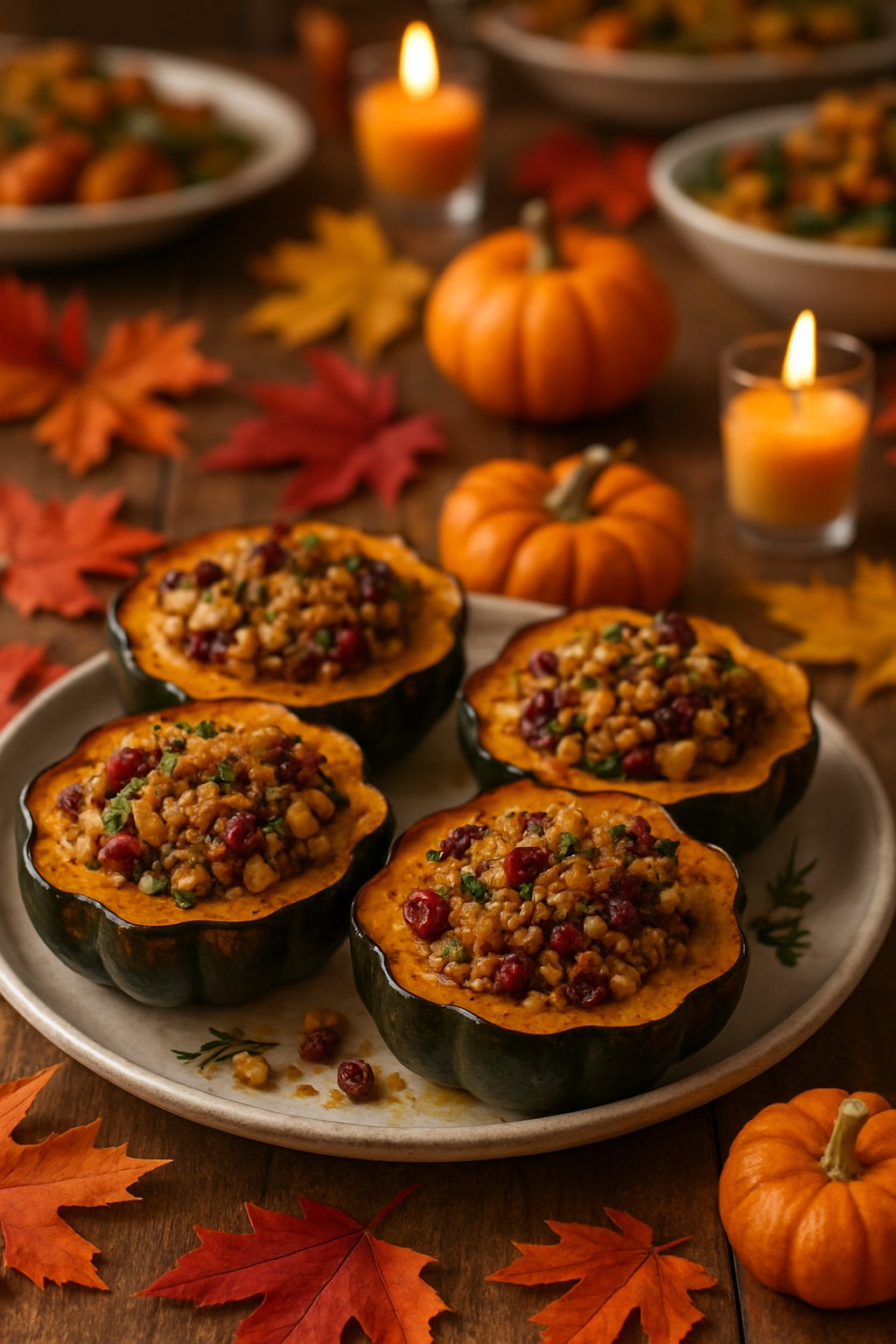 Roasted acorn squash halves filled with stuffing on a wooden table with autumn decorations and other dishes in the background.