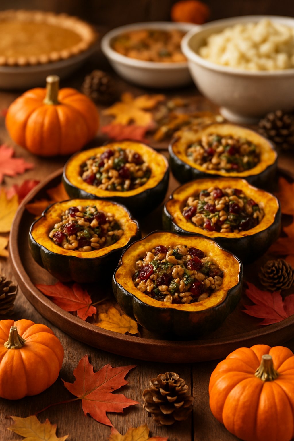 A roasted acorn squash filled with a savory mixture on a wooden platter surrounded by fall decorations and other Thanksgiving dishes on a table.