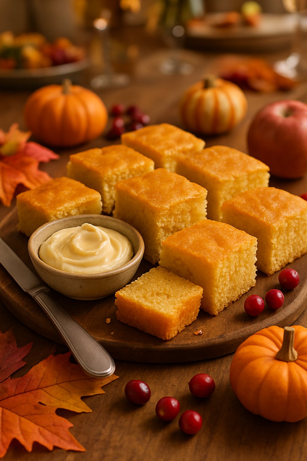 A serving board with golden honey butter cornbread squares and a bowl of honey butter surrounded by autumn decorations on a Thanksgiving table.