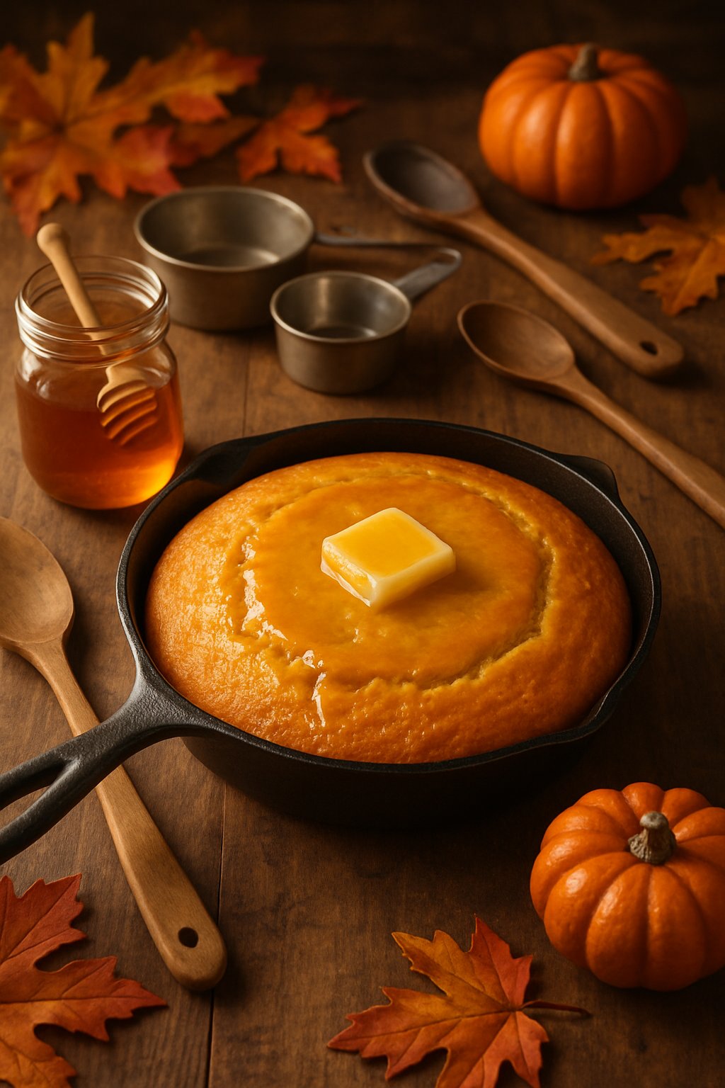 A freshly baked honey butter cornbread on a wooden table surrounded by cooking equipment and autumn decorations.