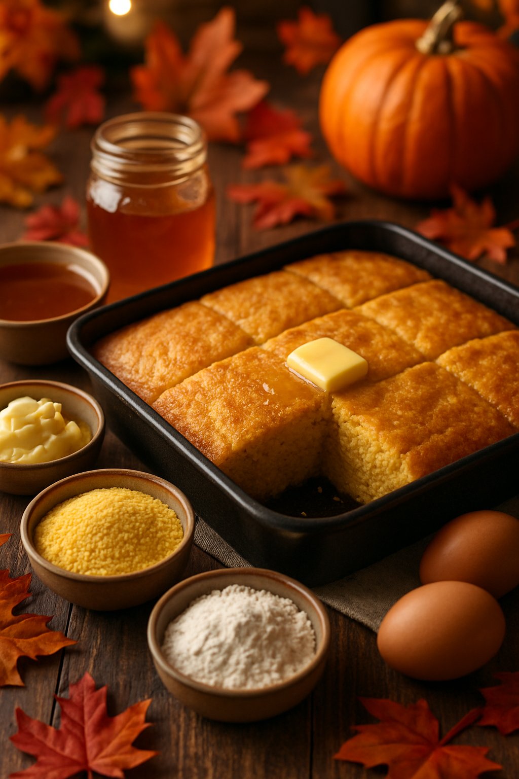A freshly baked honey butter cornbread on a wooden table surrounded by bowls of honey, butter, cornmeal, flour, and eggs with autumn decorations in the background.