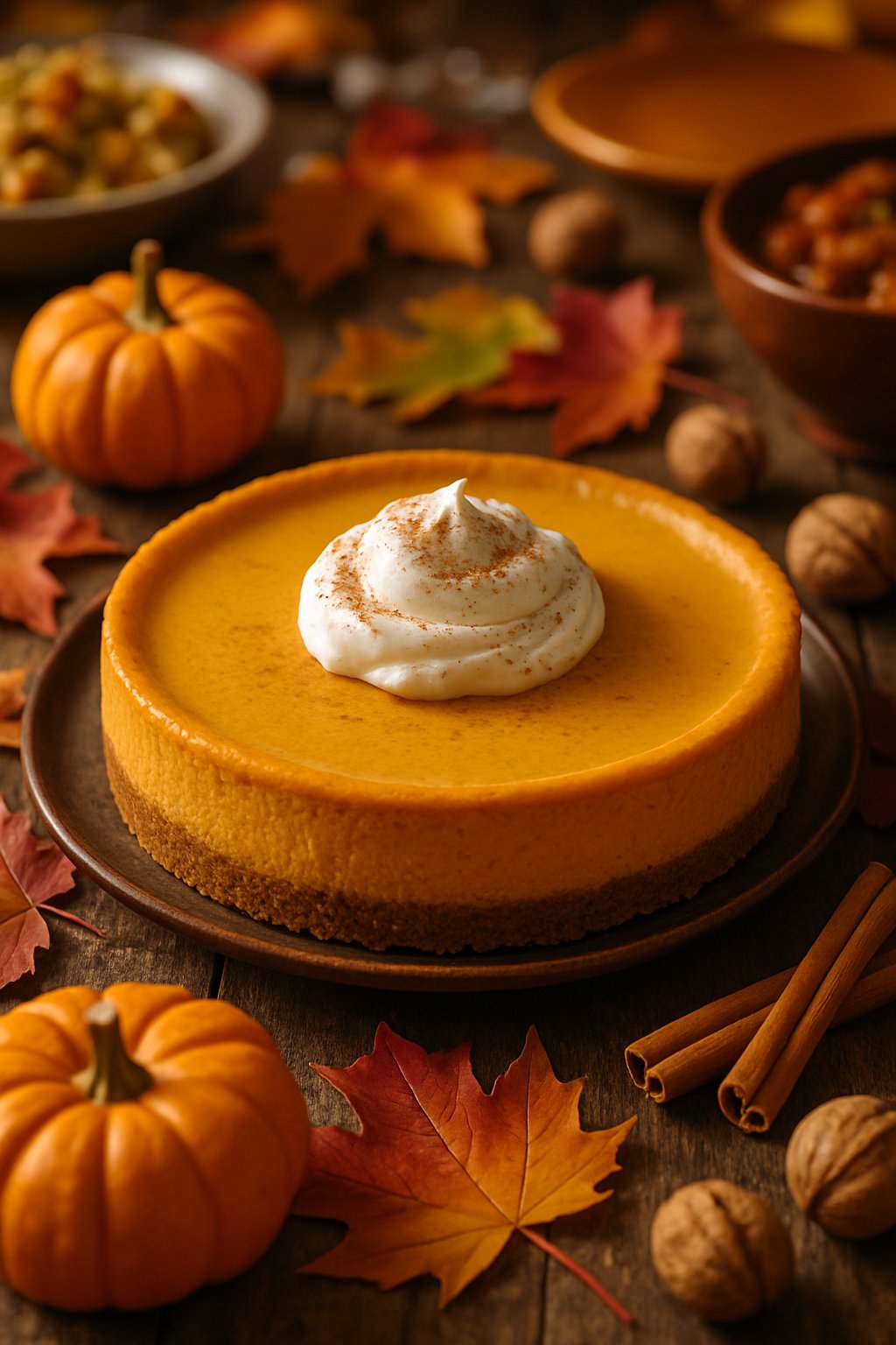 A pumpkin cheesecake on a wooden table surrounded by small pumpkins, fall leaves, and cinnamon sticks in a Thanksgiving potluck setting.