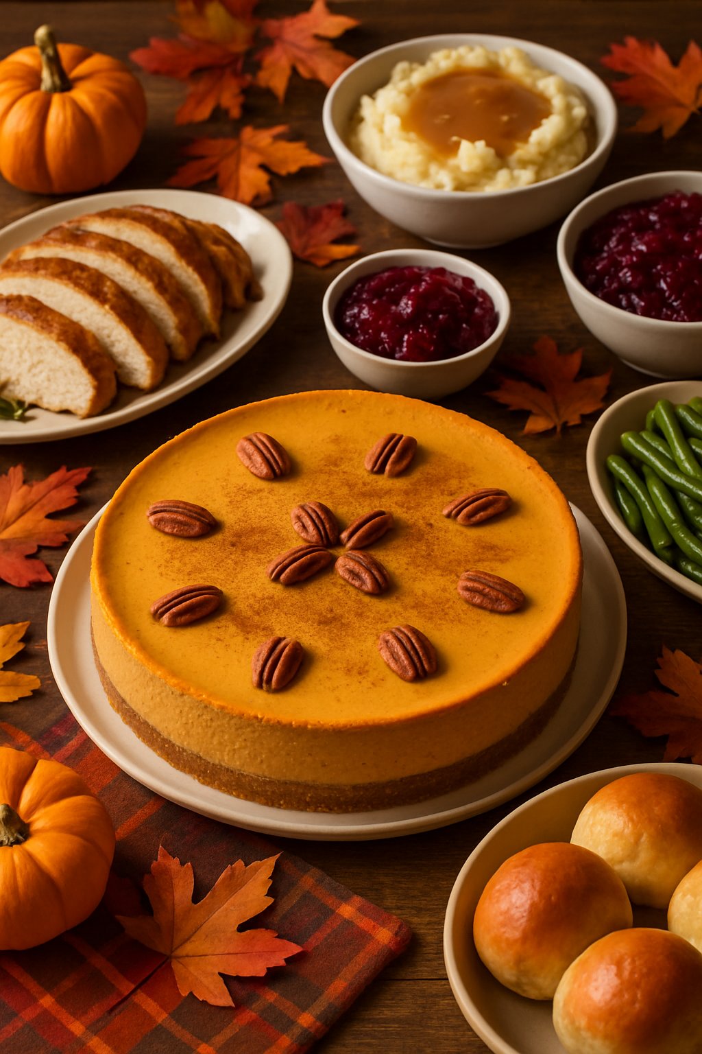 A Thanksgiving potluck table with a pumpkin cheesecake surrounded by traditional dishes like roasted turkey, mashed potatoes, cranberry sauce, and green beans on a wooden table decorated with small pumpkins and autumn leaves.