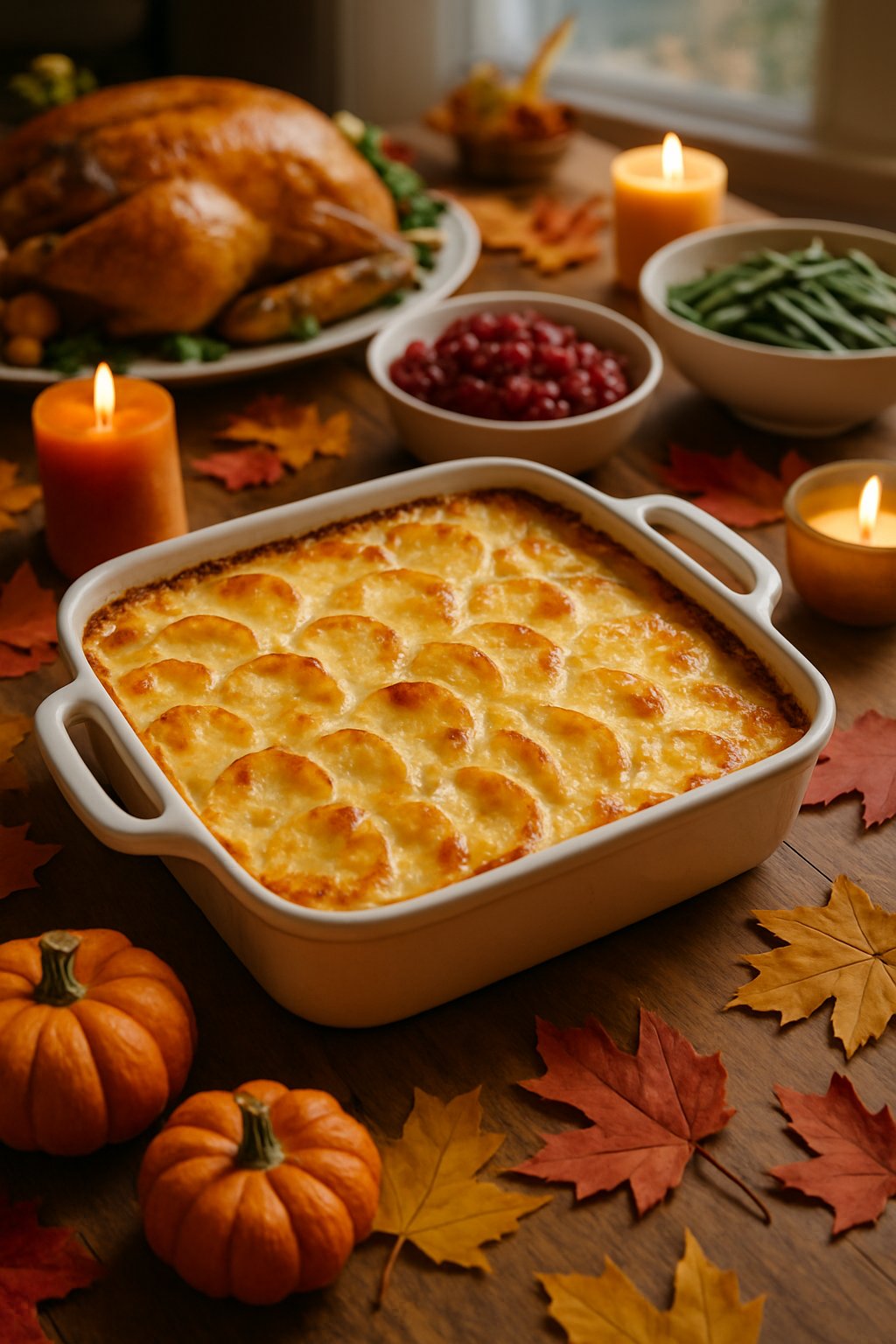 A Thanksgiving dining table with a baked scalloped potatoes casserole surrounded by autumn decorations and other traditional dishes.
