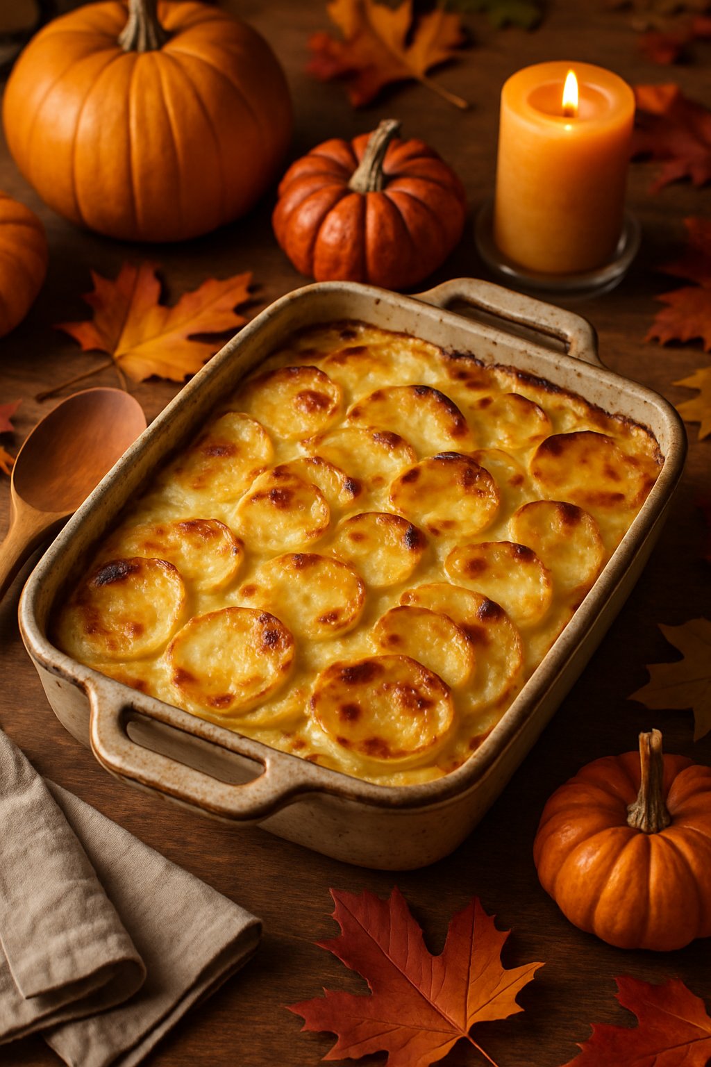 A dish of golden scalloped potatoes on a wooden table surrounded by autumn decorations and serving utensils.