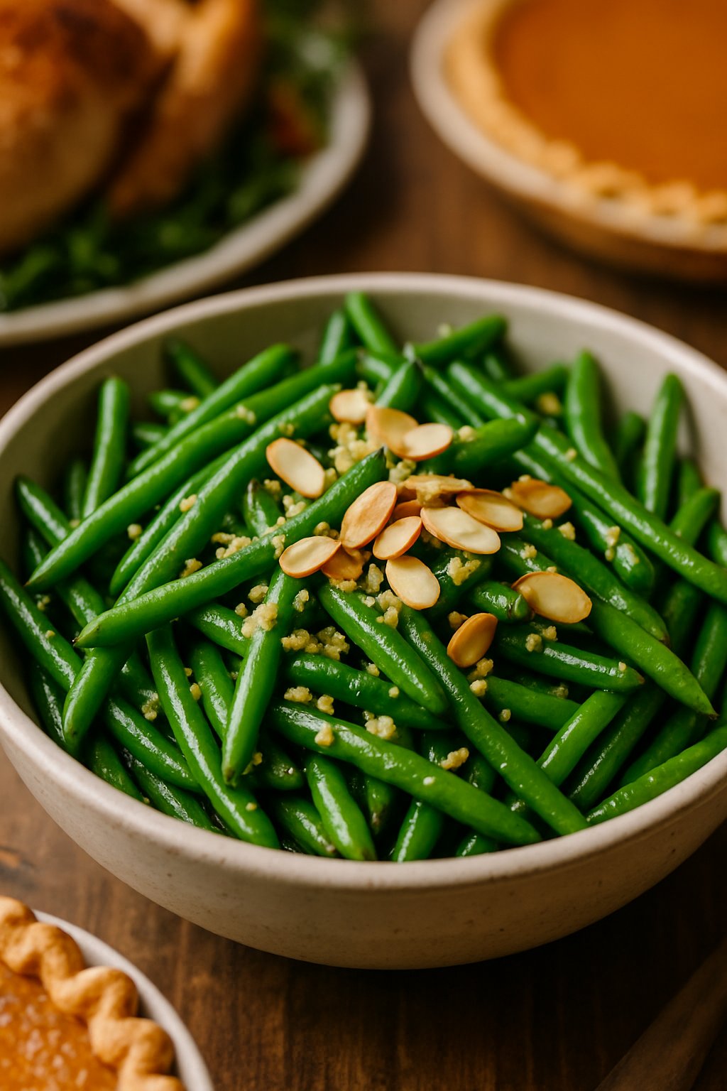 A bowl of garlic green beans garnished with toasted almonds on a wooden table with blurred Thanksgiving dishes in the background.