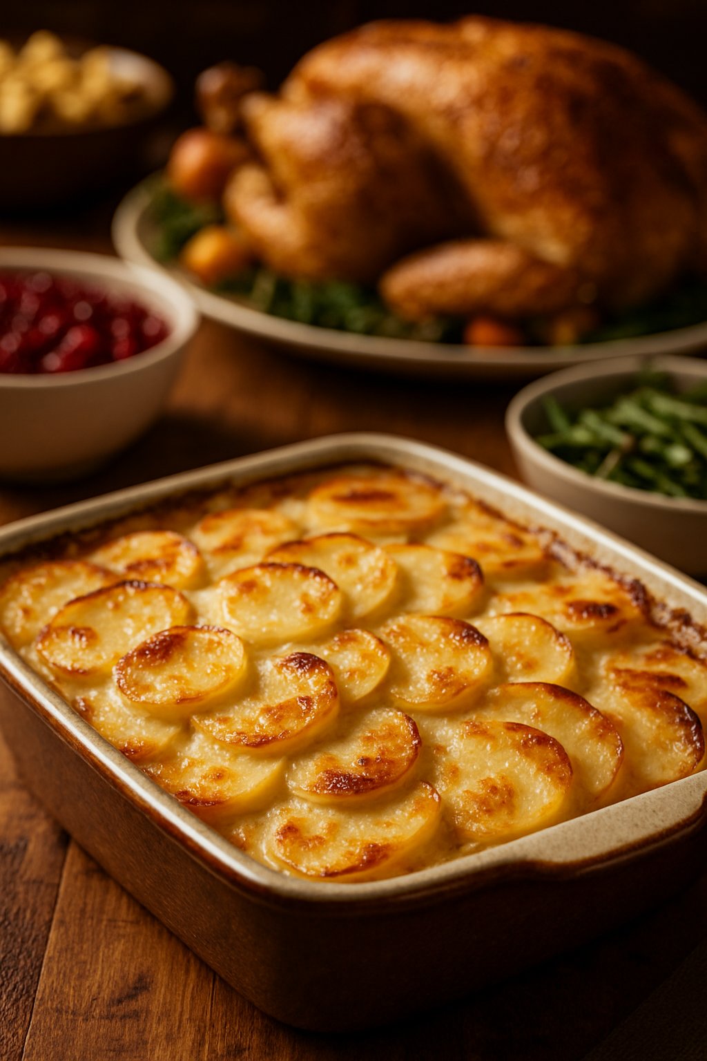 A close-up of a baked dish of scalloped potatoes on a wooden table with other Thanksgiving dishes in the background.