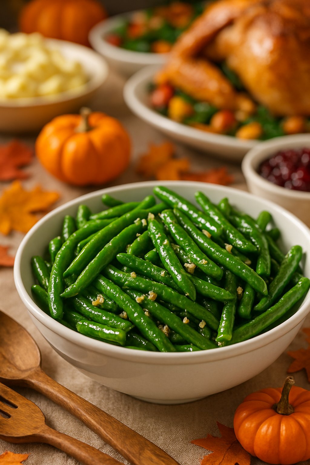 A bowl of garlic green beans on a Thanksgiving potluck table with autumn decorations and other dishes in the background.