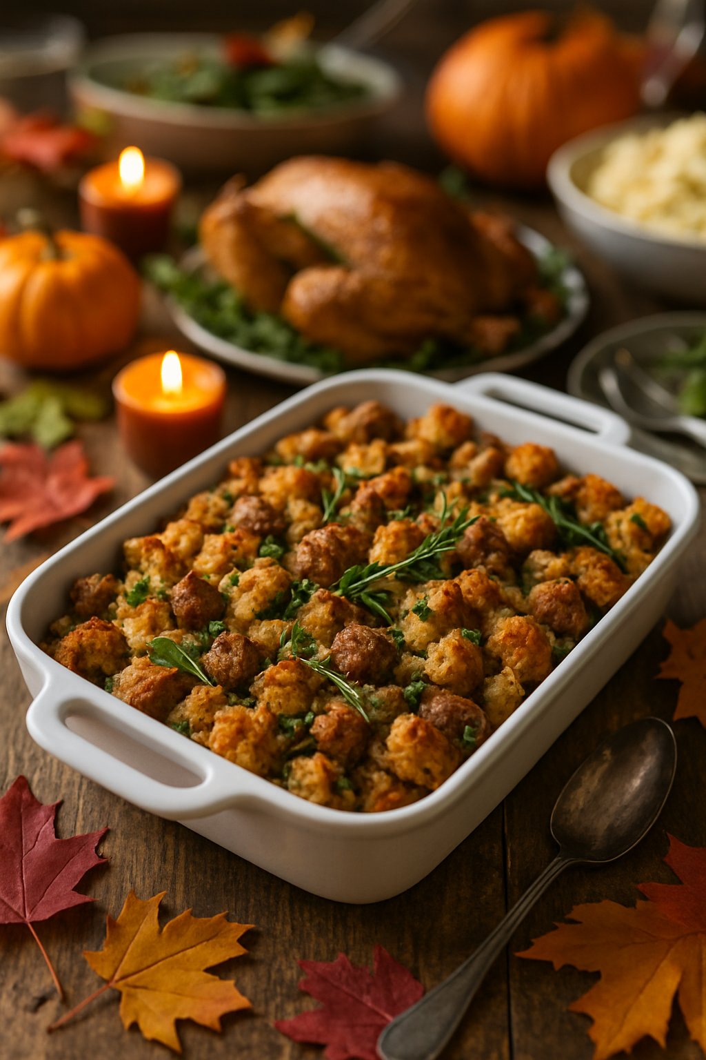 A large dish of sausage herb stuffing on a wooden table surrounded by autumn decorations and candles.