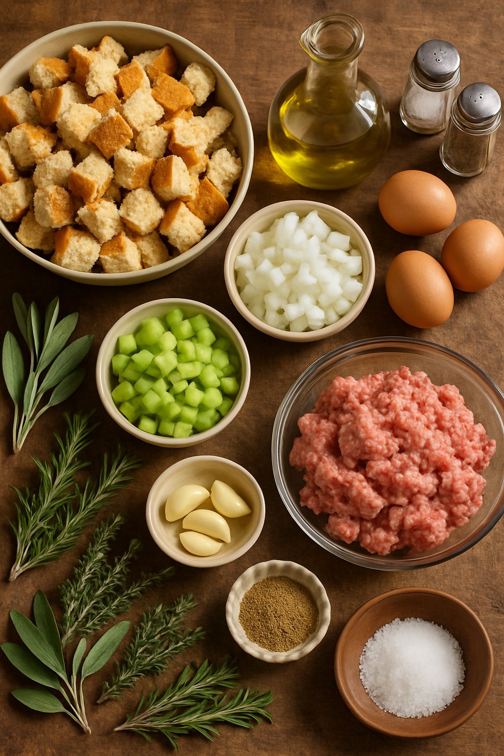 A wooden table with ingredients for sausage herb stuffing including fresh herbs, diced onions, celery, garlic, crumbled bread, raw sausage, eggs, and seasonings.
