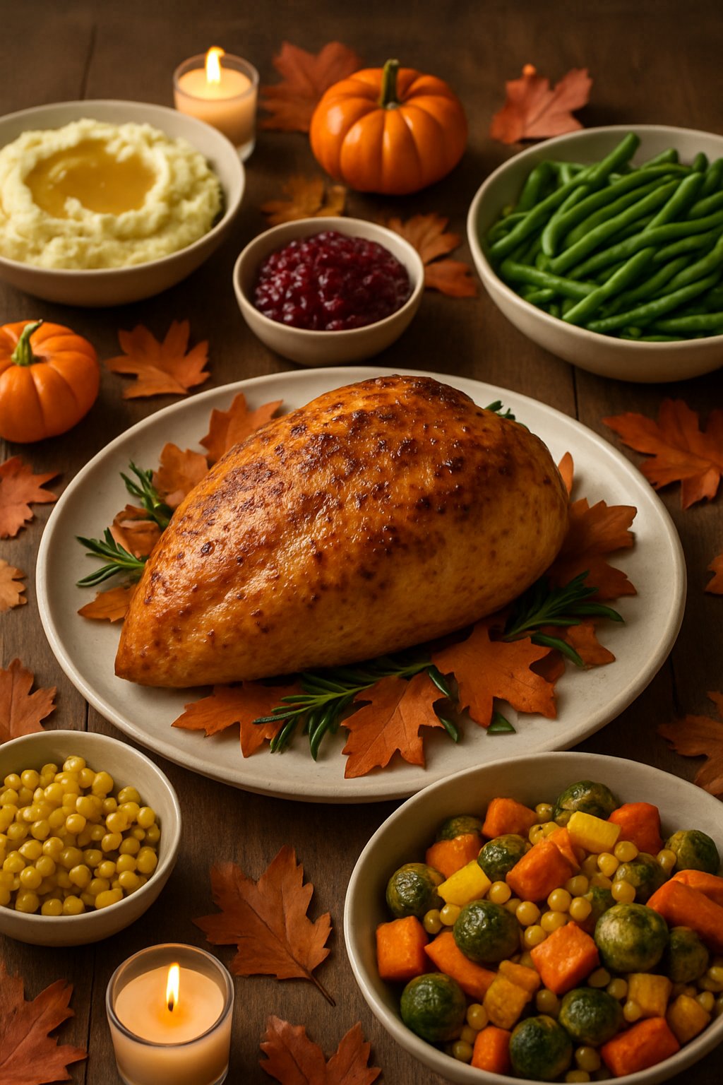 A roasted turkey breast on a wooden table surrounded by traditional Thanksgiving side dishes and autumn decorations.