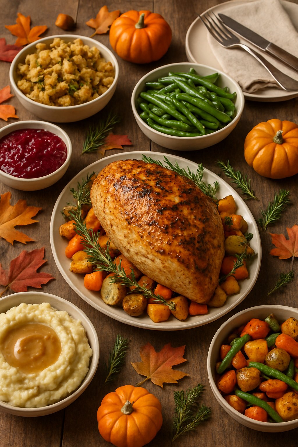 A roasted turkey breast surrounded by traditional Thanksgiving side dishes and autumn decorations on a wooden table.