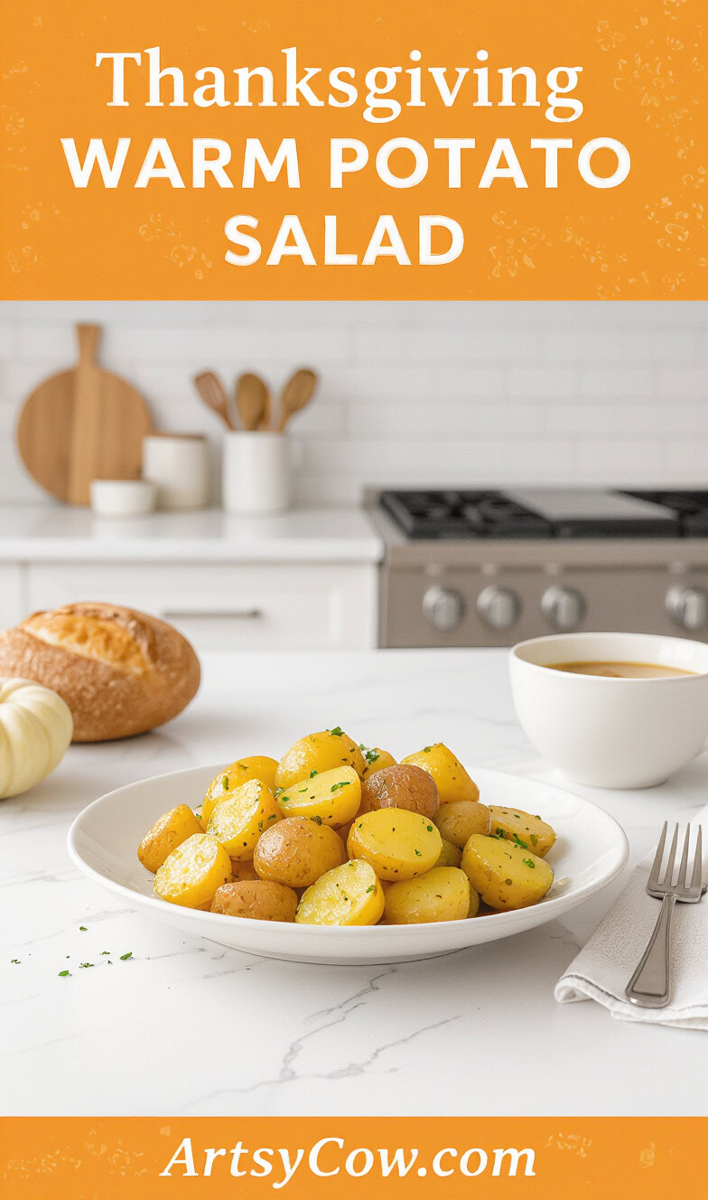 thanksgiving warm potato salad pin image