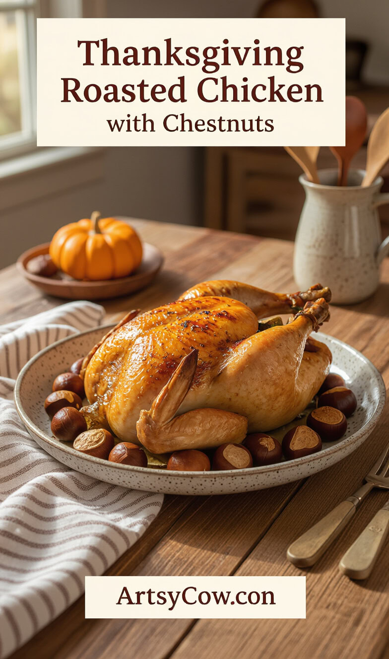 thanksgiving roasted chicken with chestnuts recipe pin image