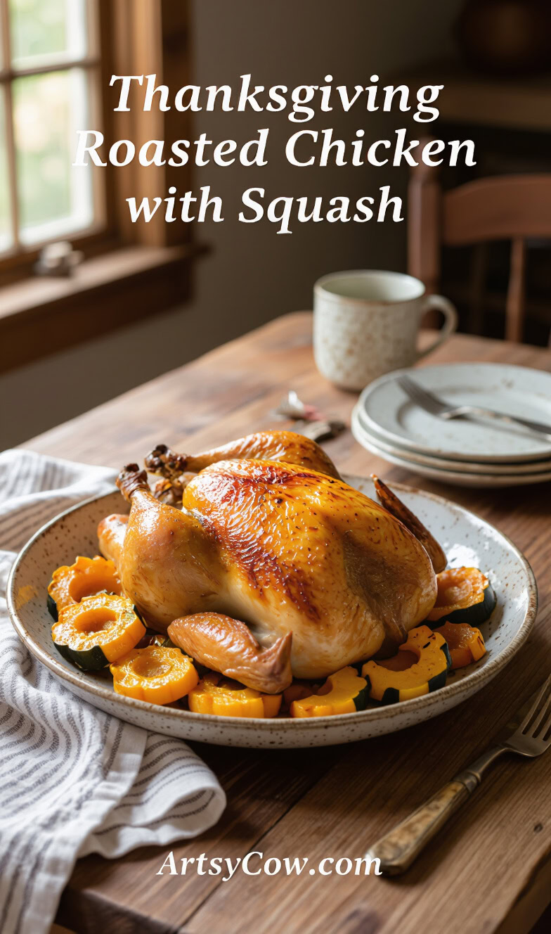 thanksgiving roasted chicken with squash recipe pin image