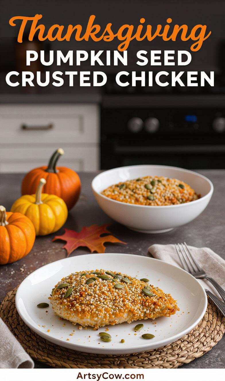 thanksgiving pumpkin seed crusted chicken recipe pin image