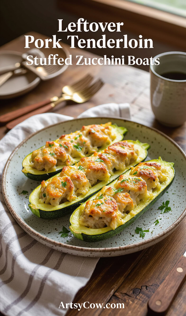 leftover pork tenderloin stuffed zucchini boats recipe pin image