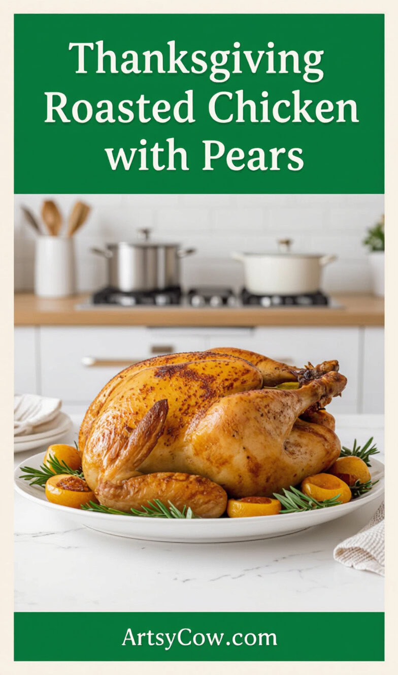 thanksgiving roasted chicken with pears recipe pin image
