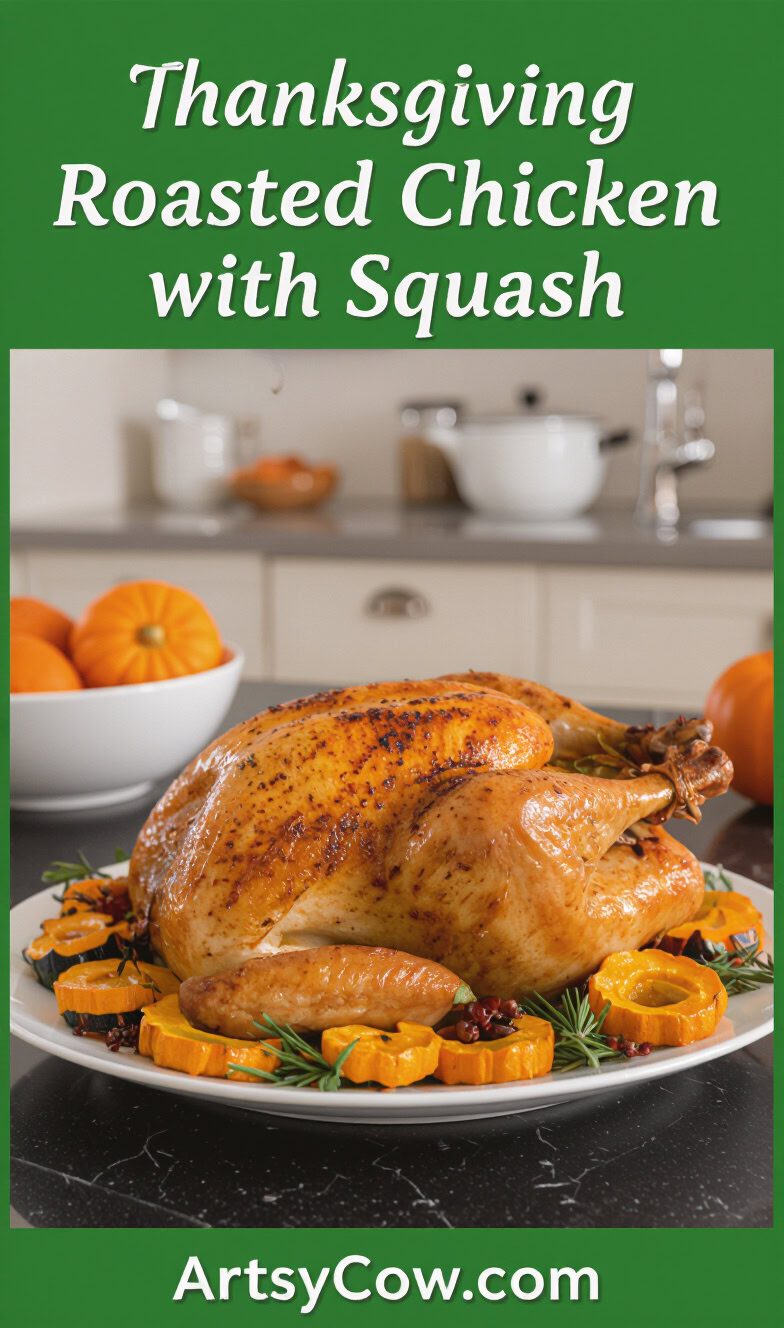thanksgiving roasted chicken with squash recipe pin image