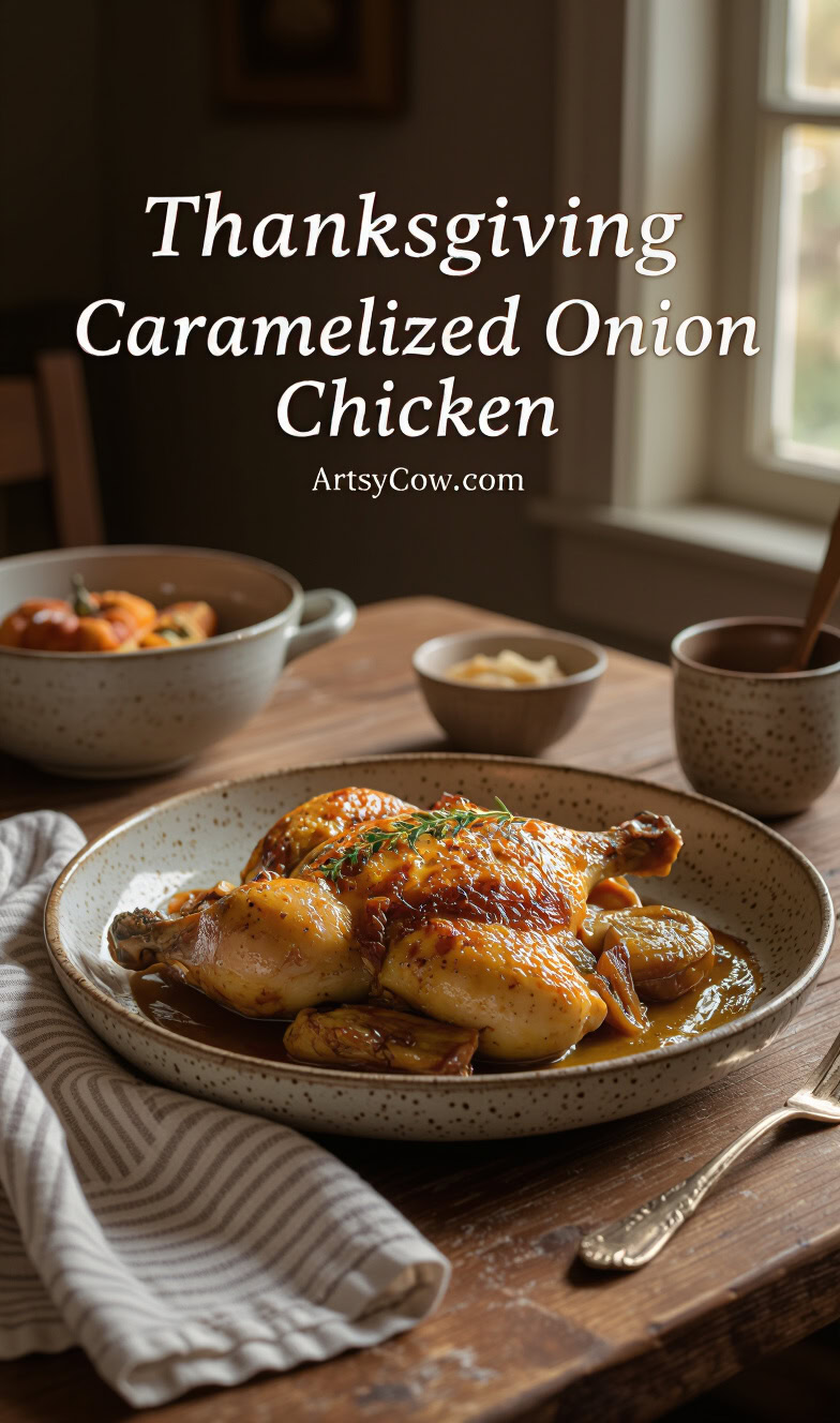 thanksgiving caramelized onion chicken recipe pin image
