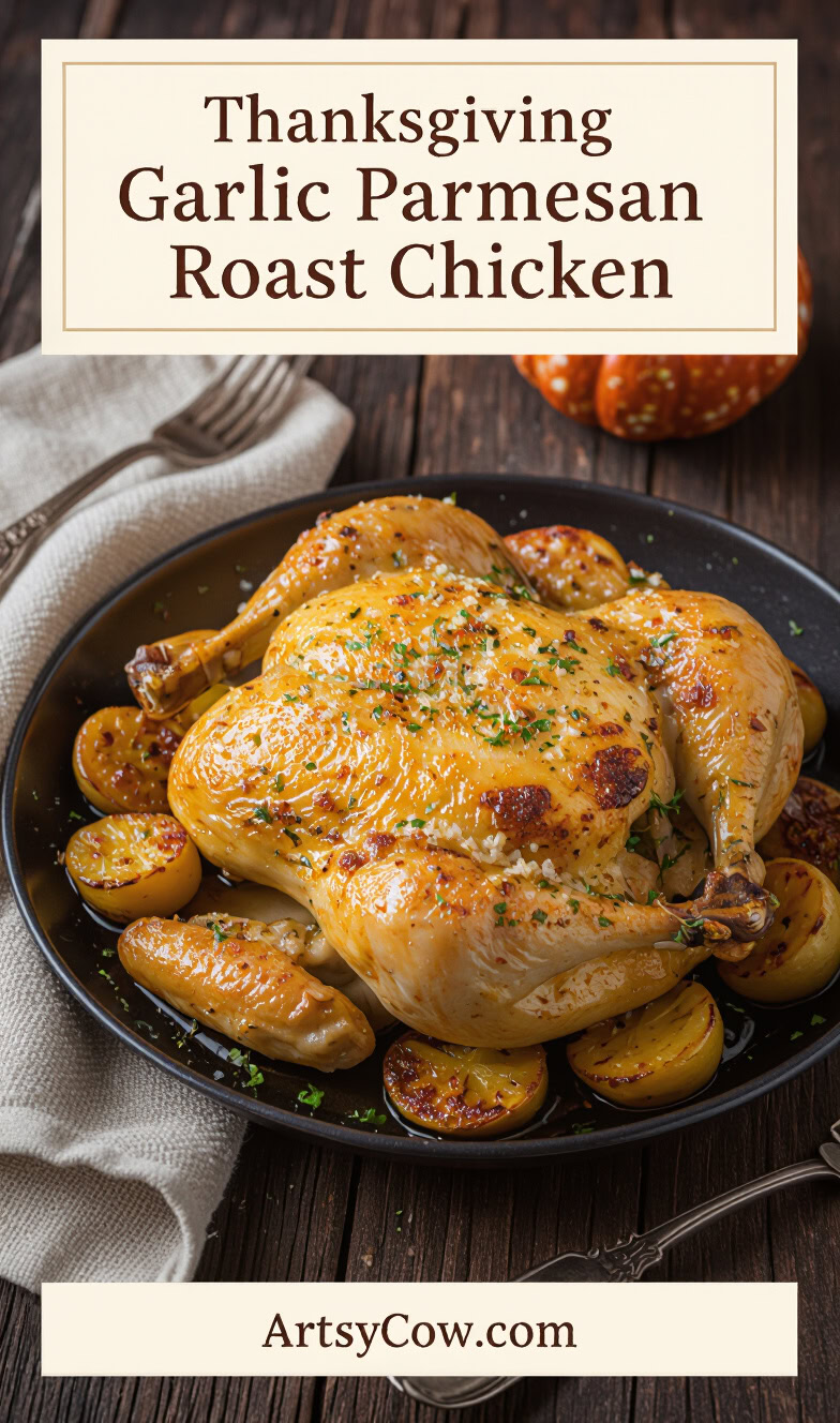 thanksgiving garlic parmesan roast chicken recipe pin image