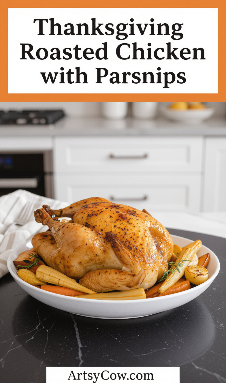 thanksgiving roasted chicken with parsnips recipe pin image