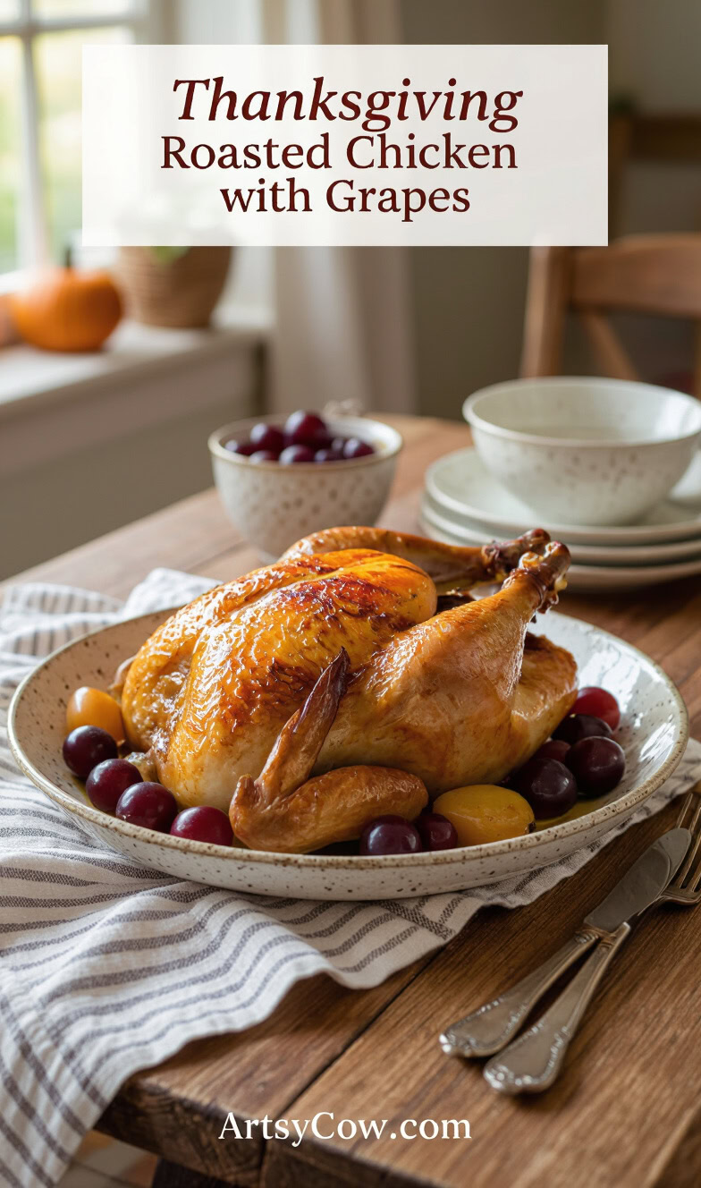 thanksgiving roasted chicken with grapes recipe pin image