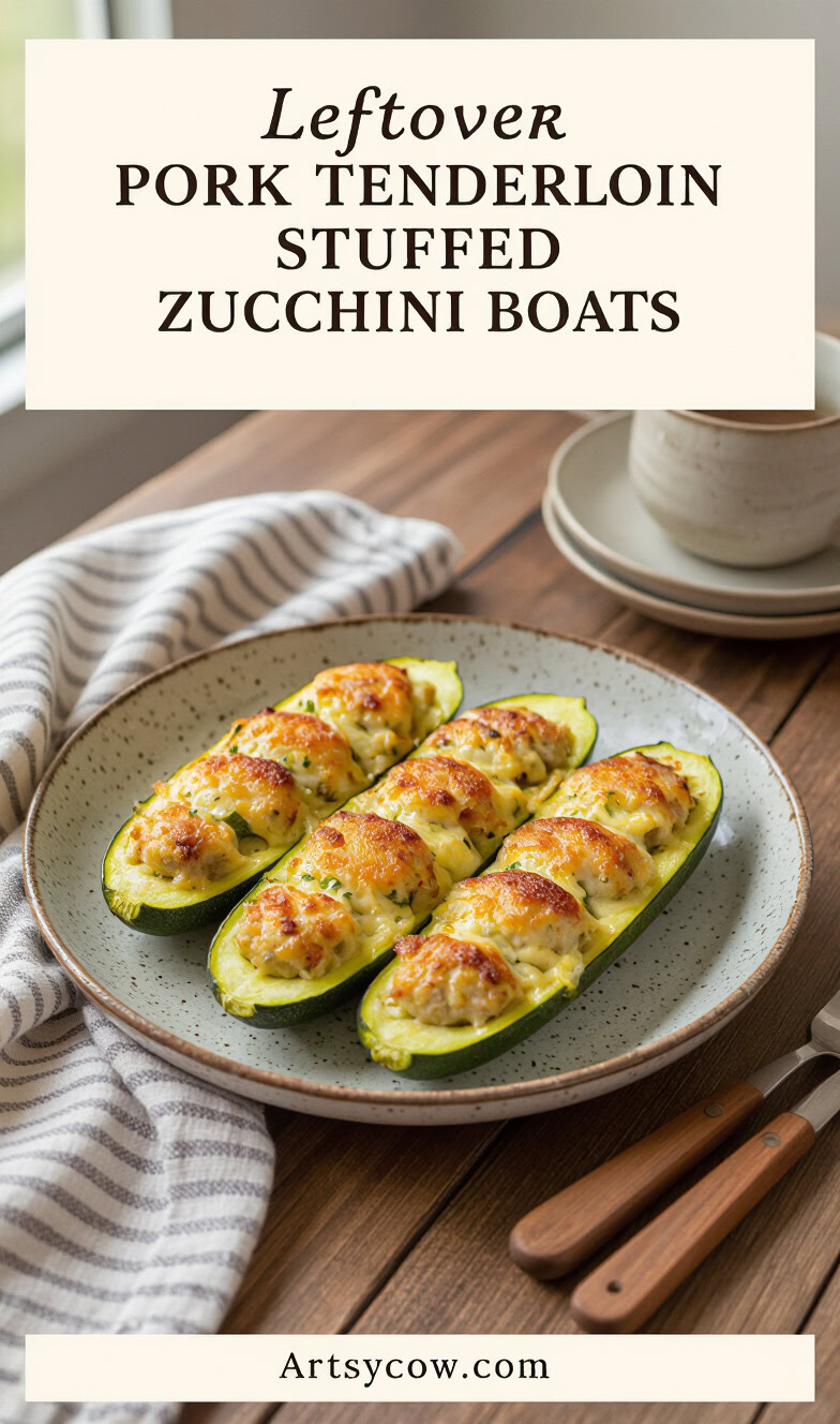 leftover pork tenderloin stuffed zucchini boats recipe pin image