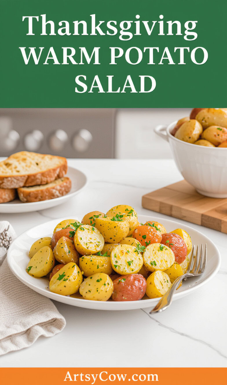 thanksgiving warm potato salad pin image