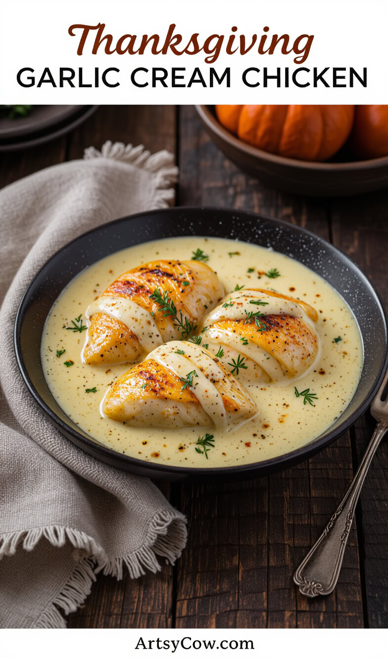 thanksgiving garlic cream chicken recipe pin image