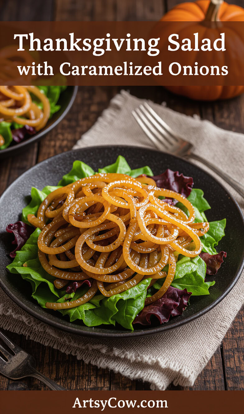 thanksgiving salad with caramelized onions pin image